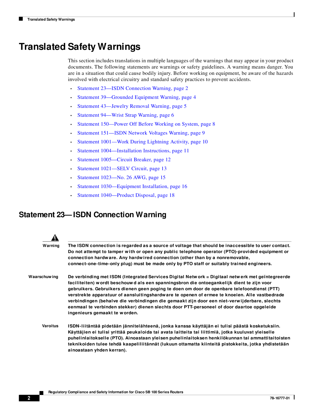 Cisco Systems SB 100 Series manual Translated Safety Warnings, Statement 23-ISDN Connection Warning 