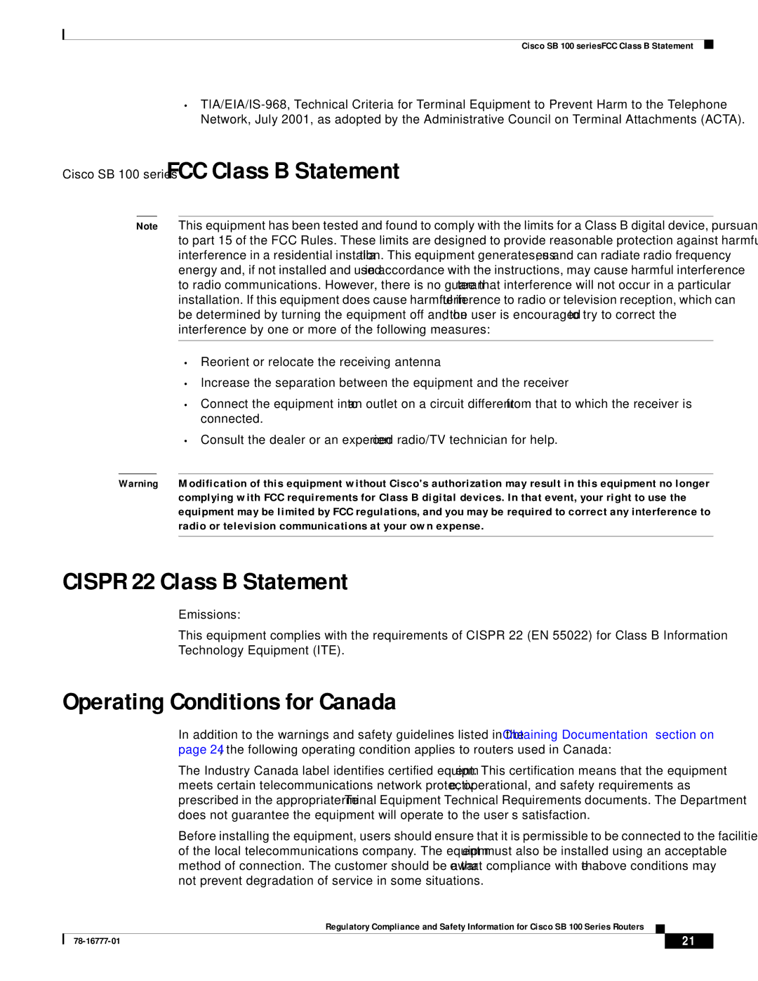 Cisco Systems SB 100 Series manual Cisco SB 100 seriesFCC Class B Statement, Cispr 22 Class B Statement 