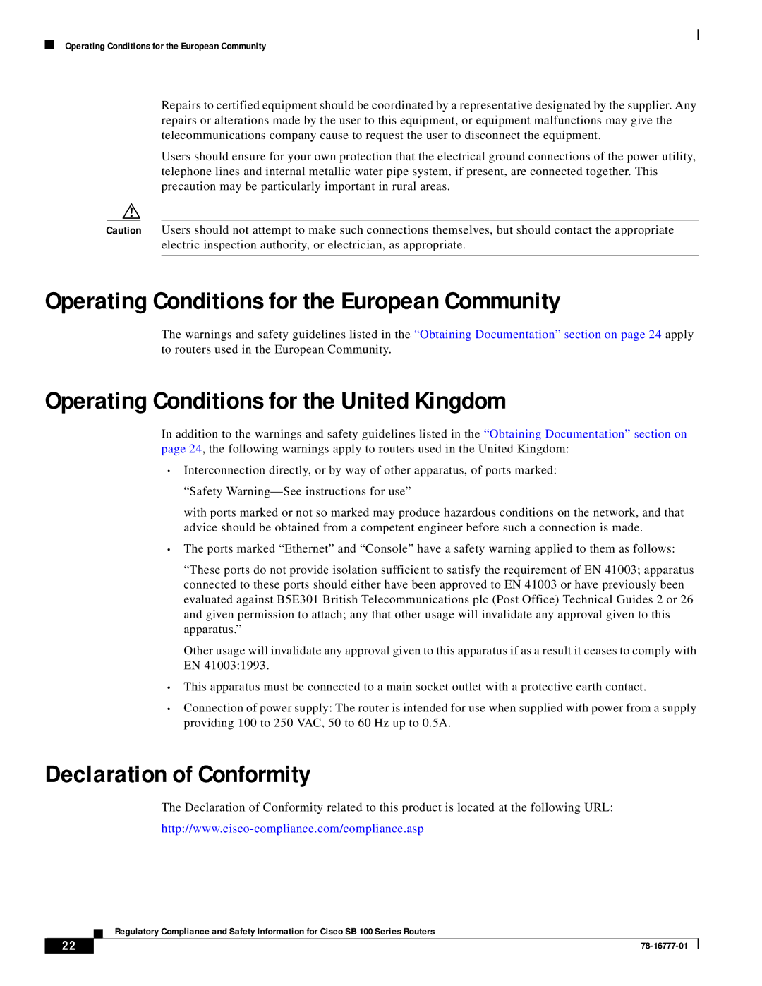 Cisco Systems SB 100 Series manual Declaration of Conformity 