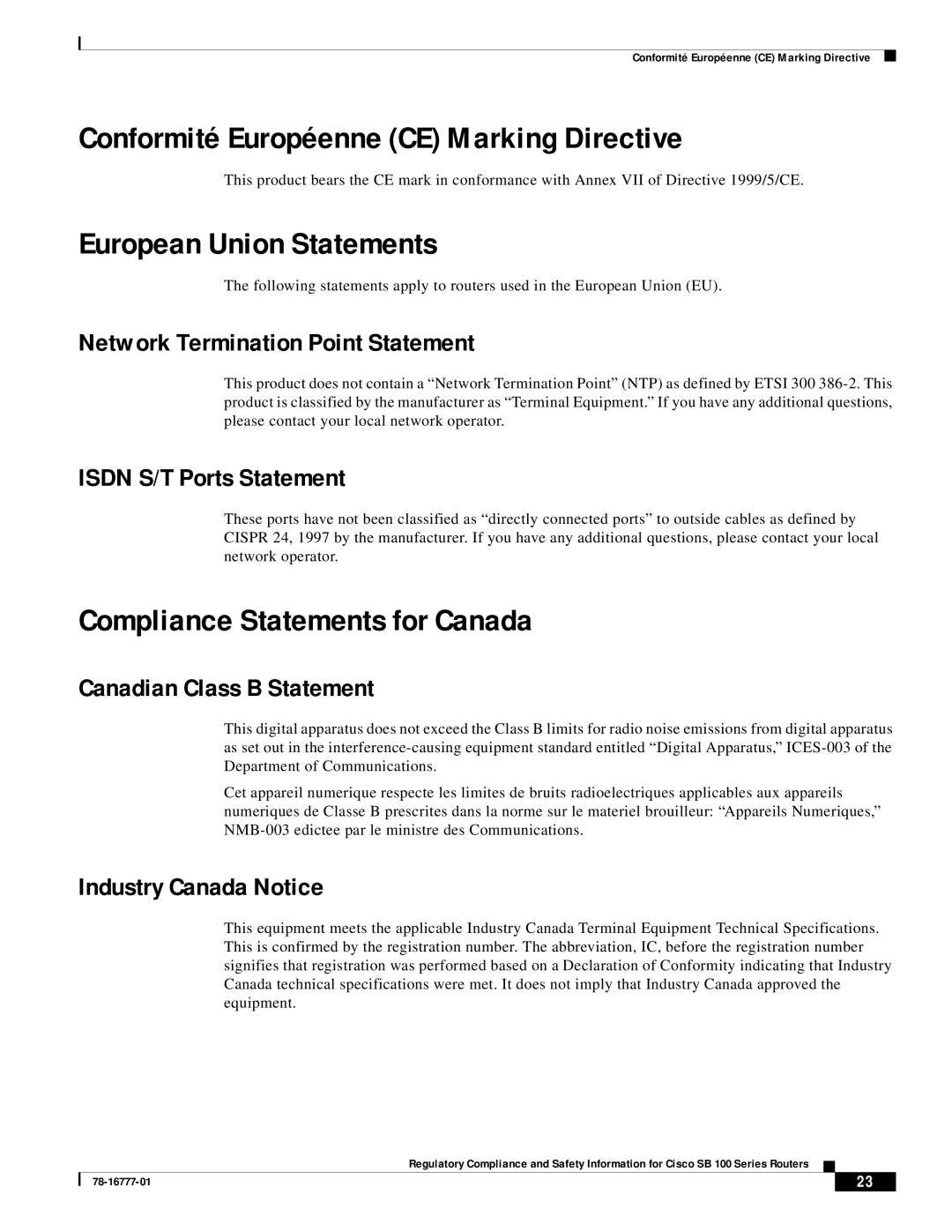 Cisco Systems SB 100 Series manual Conformité Européenne CE Marking Directive, European Union Statements 