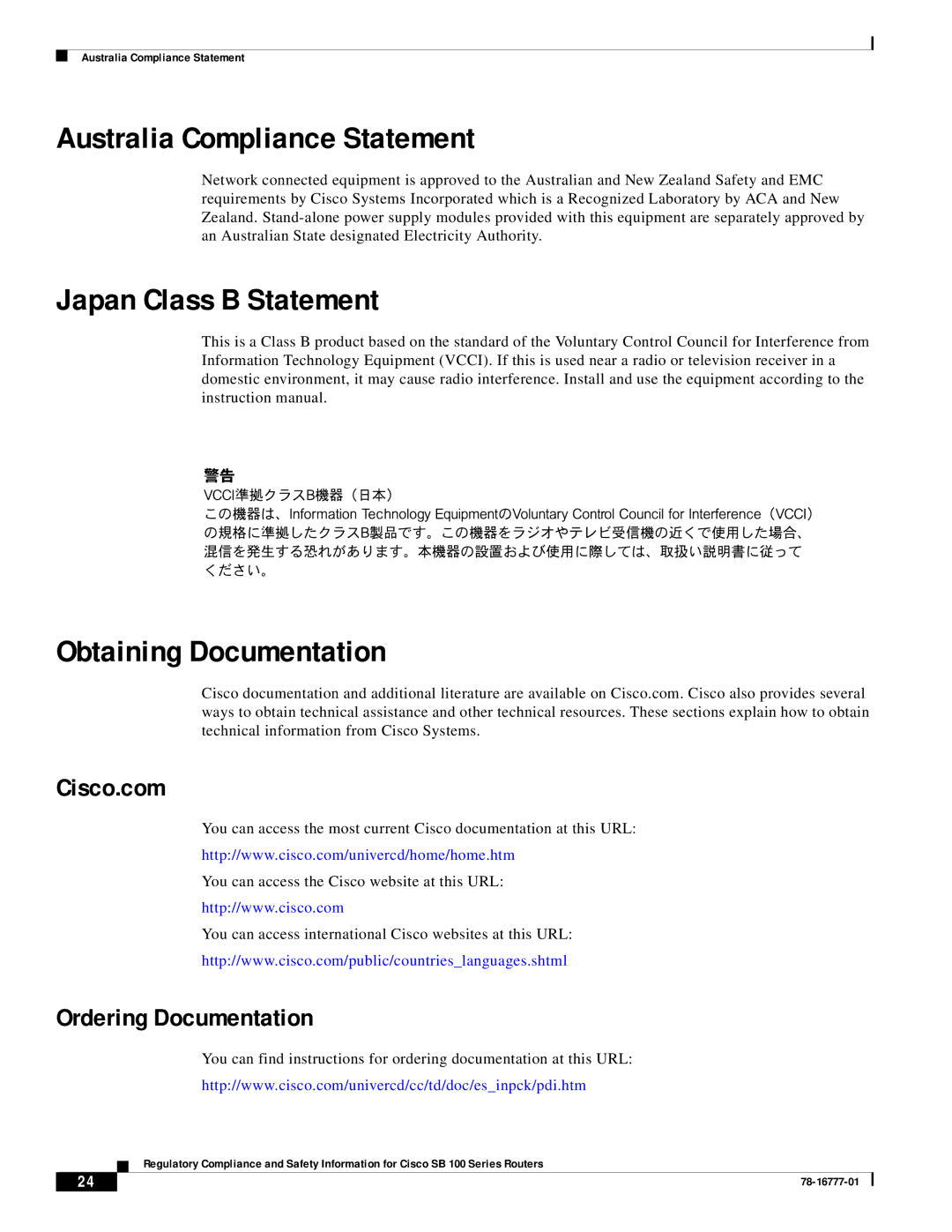 Cisco Systems SB 100 Series Australia Compliance Statement, Japan Class B Statement Obtaining Documentation, Cisco.com 