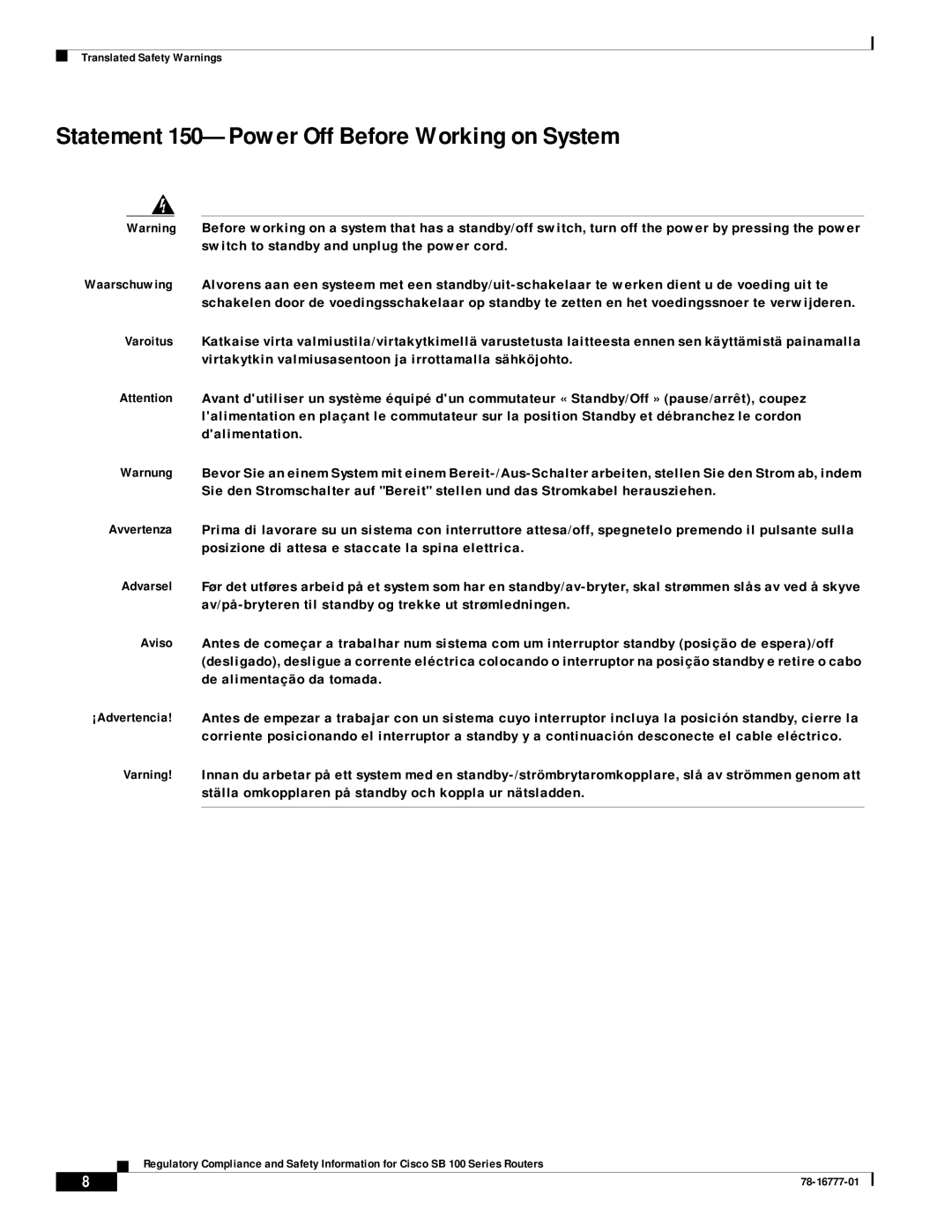 Cisco Systems SB 100 Series manual Statement 150-Power Off Before Working on System 