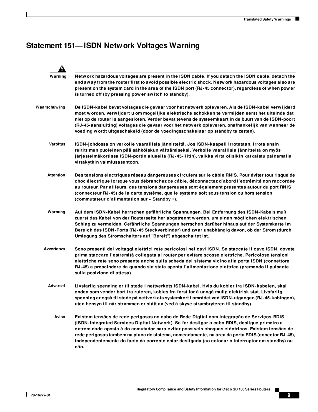 Cisco Systems SB 100 Series manual Statement 151-ISDN Network Voltages Warning 