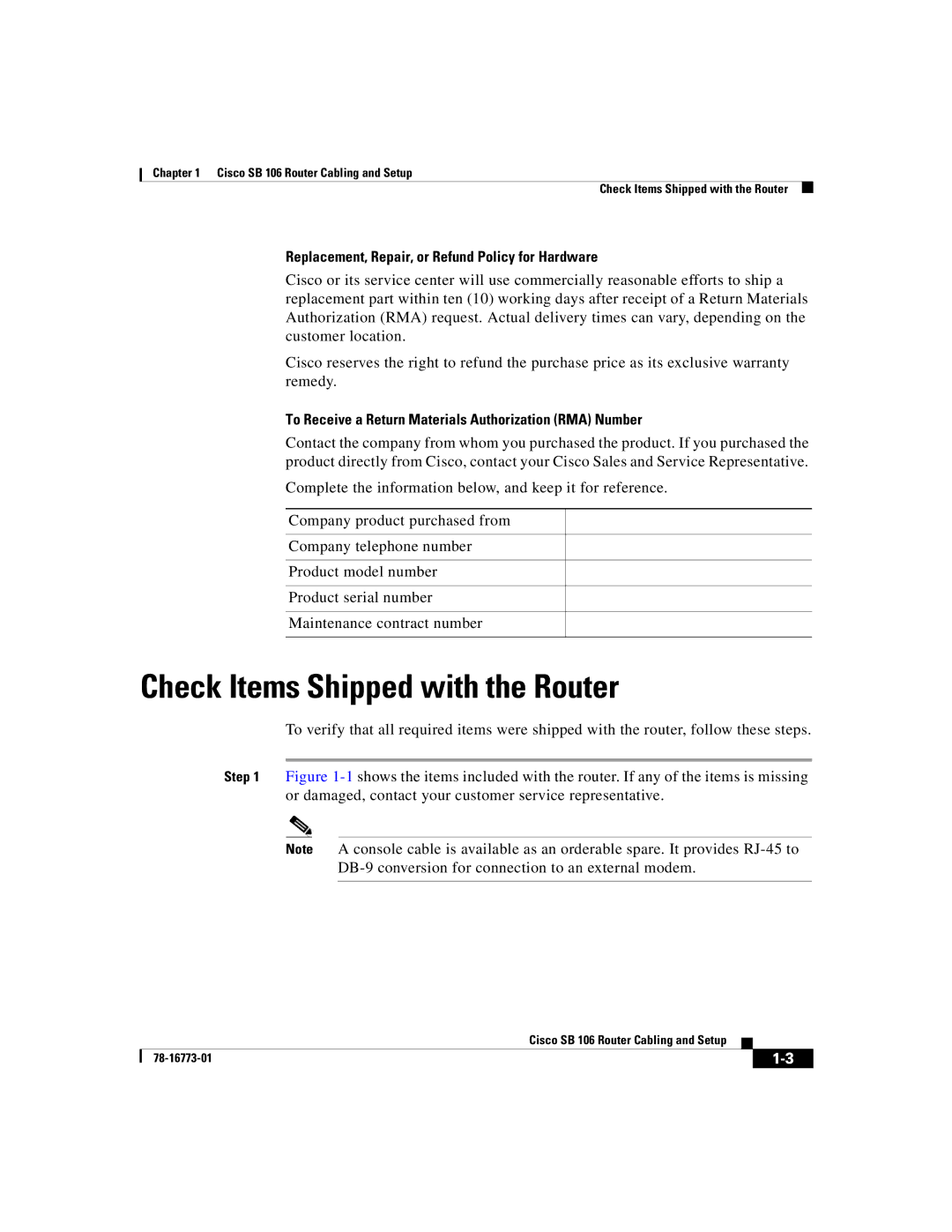 Cisco Systems SB 106 quick start Check Items Shipped with the Router, Replacement, Repair, or Refund Policy for Hardware 