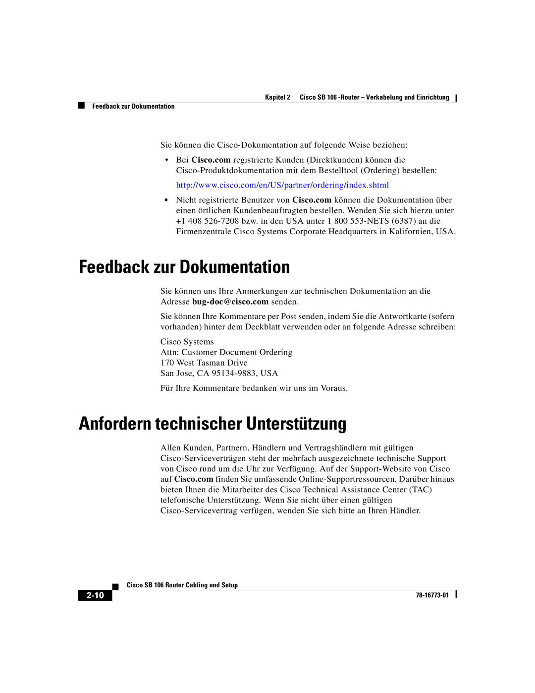 Cisco Systems SB 106 quick start Feedback zur Dokumentation, Anfordern technischer Unterstützung 