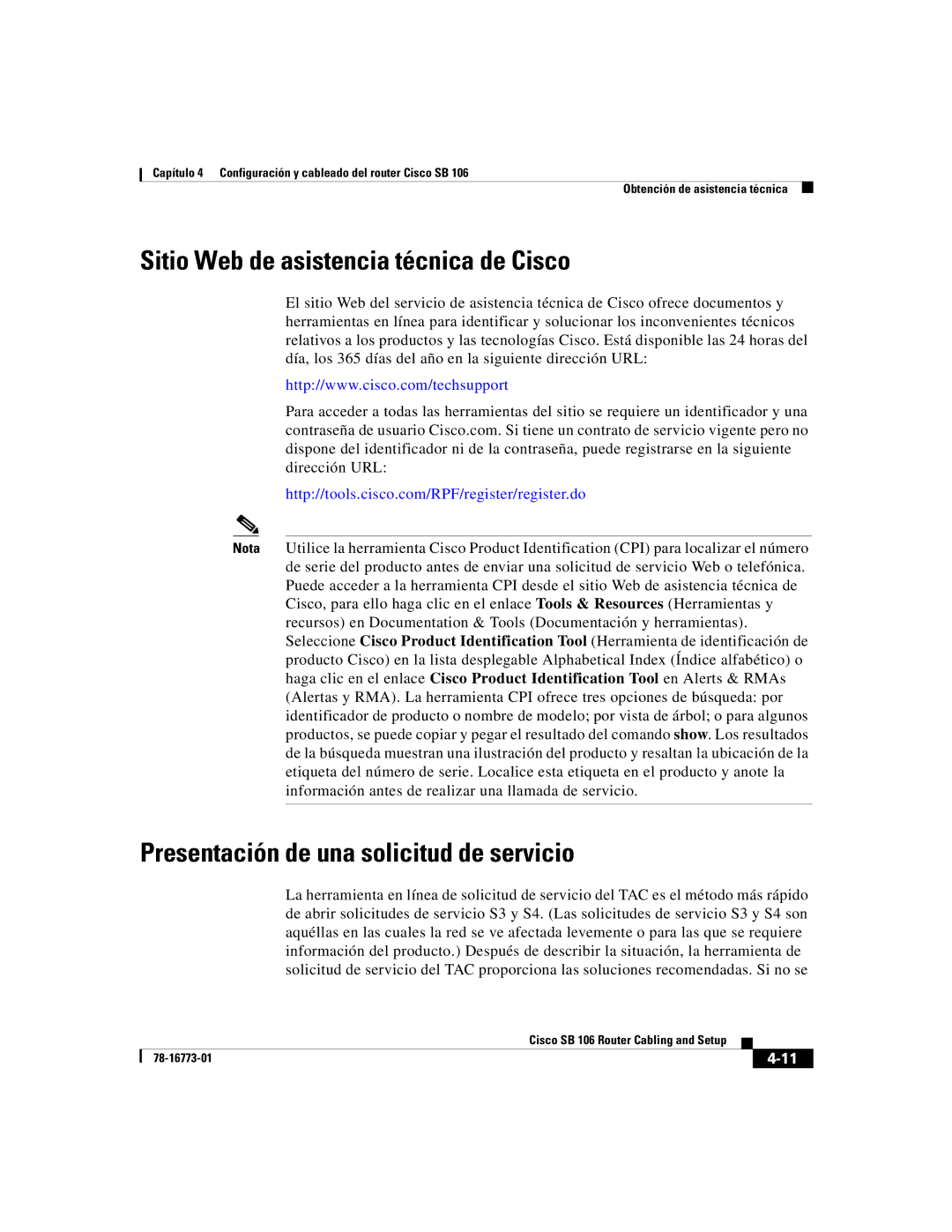 Cisco Systems SB 106 quick start Sitio Web de asistencia técnica de Cisco, Presentación de una solicitud de servicio 