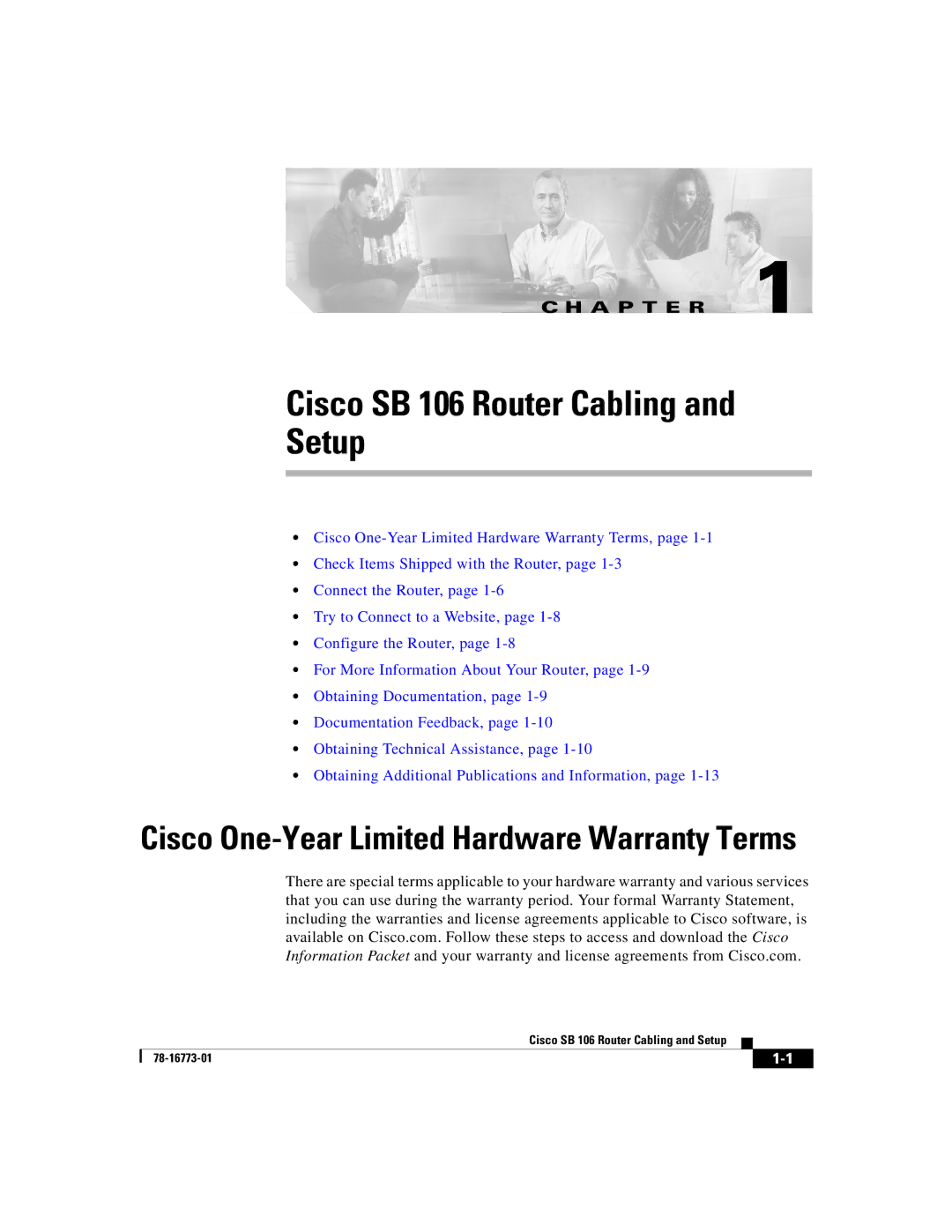 Cisco Systems quick start Cisco SB 106 Router Cabling Setup, Cisco One-Year Limited Hardware Warranty Terms 