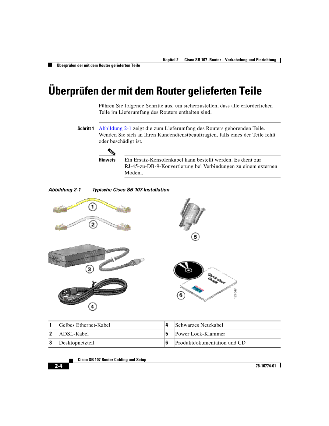 Cisco Systems SB 107 quick start Überprüfen der mit dem Router gelieferten Teile 