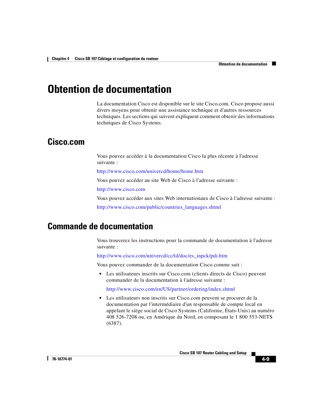 Cisco Systems SB 107 quick start Obtention de documentation, Commande de documentation 