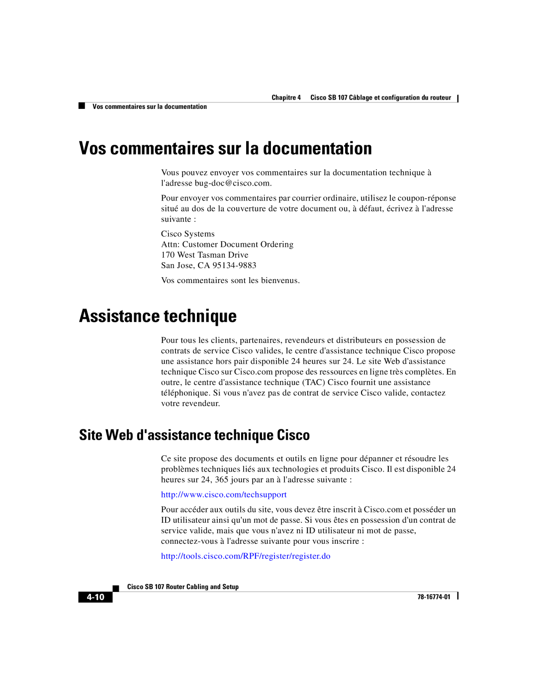 Cisco Systems SB 107 Vos commentaires sur la documentation, Assistance technique, Site Web dassistance technique Cisco 