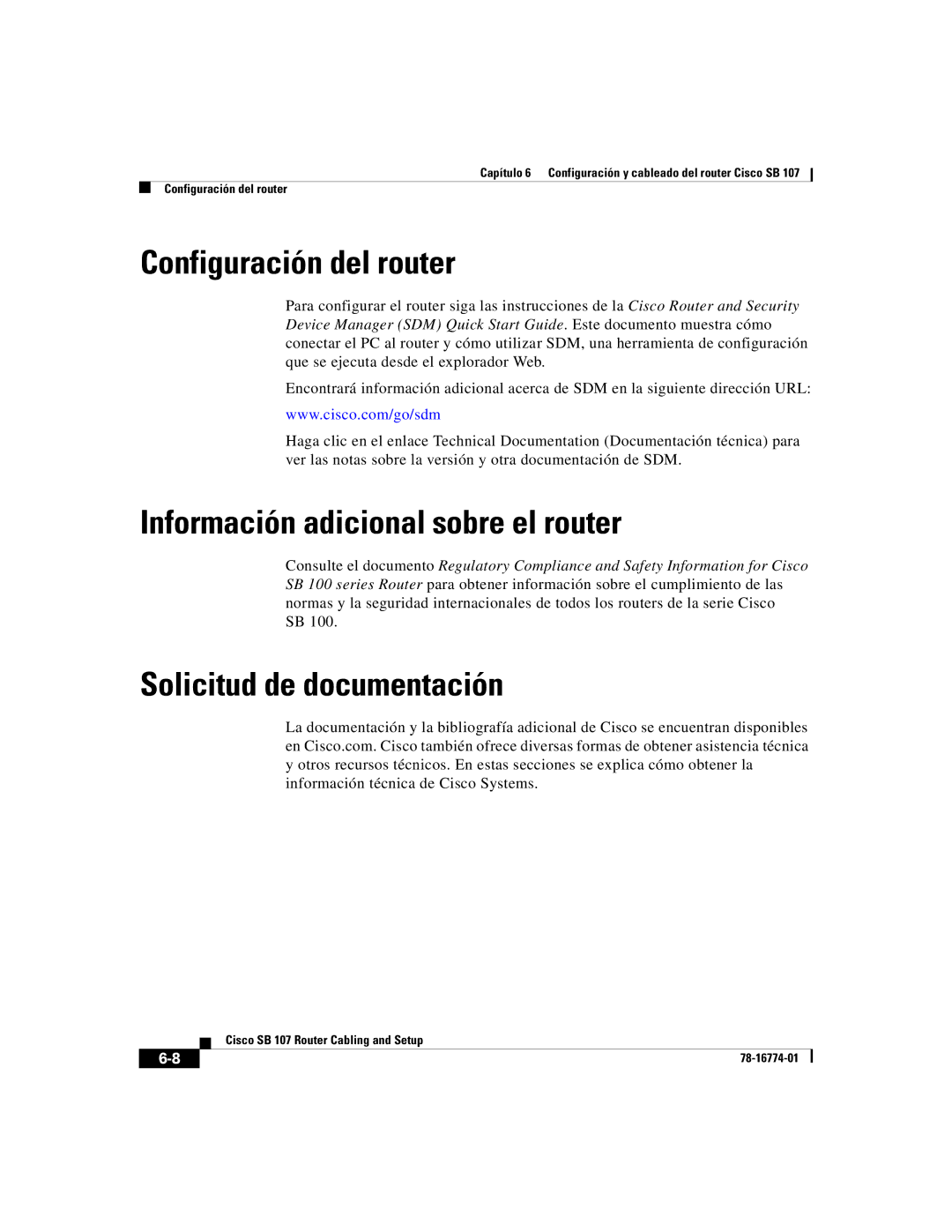 Cisco Systems SB 107 Configuración del router, Información adicional sobre el router, Solicitud de documentación 