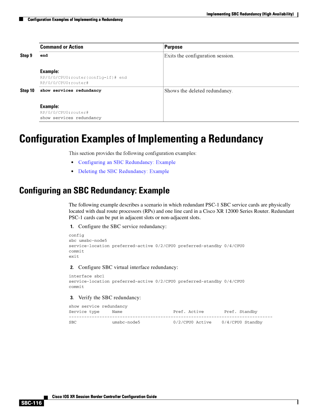 Cisco Systems SBC-111 Configuration Examples of Implementing a Redundancy, Configuring an SBC Redundancy Example, SBC-116 