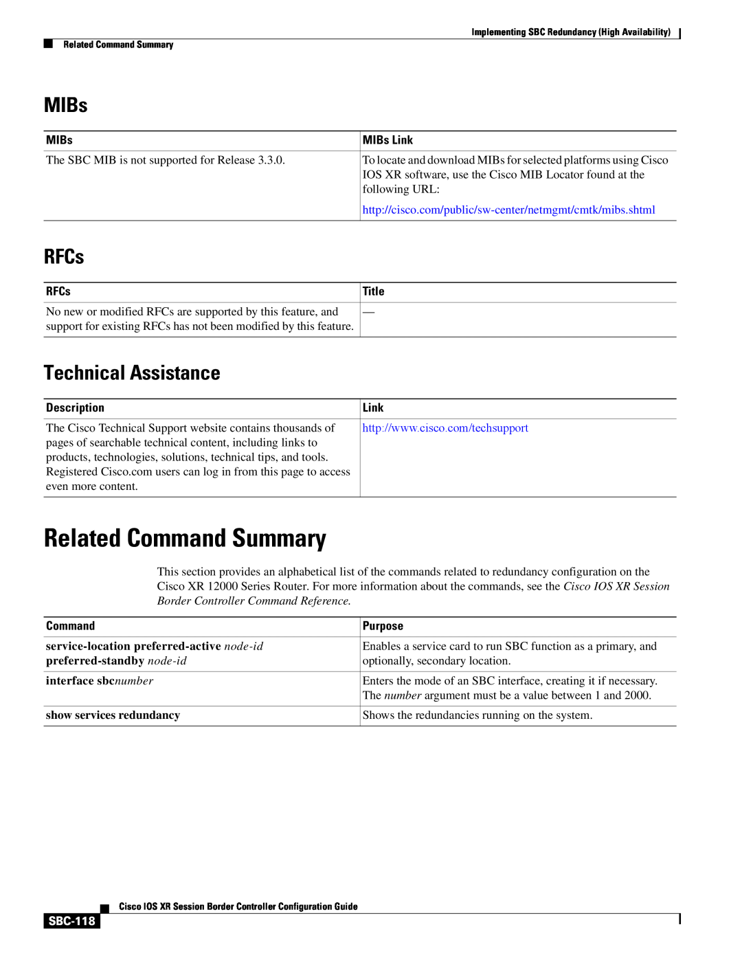 Cisco Systems SBC-111 Related Command Summary, RFCs, Technical Assistance, MIBs Link, Description, SBC-118, Title 