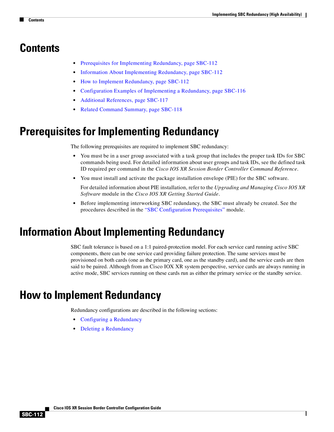 Cisco Systems SBC-111 manual Contents, Prerequisites for Implementing Redundancy, Information About Implementing Redundancy 