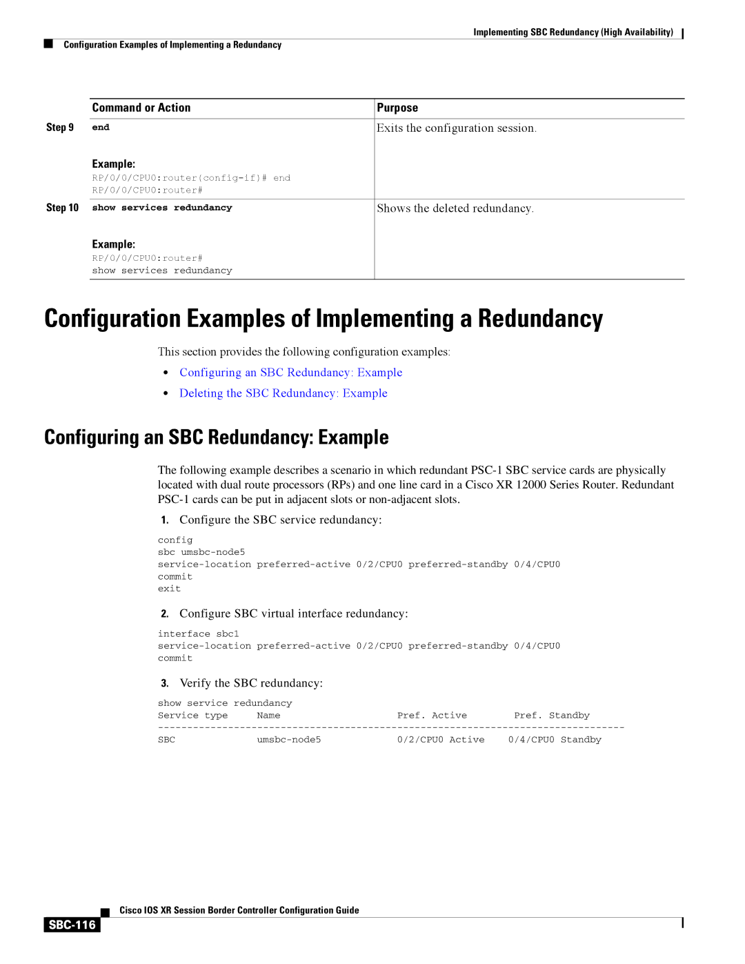 Cisco Systems SBC-111 manual Configuration Examples of Implementing a Redundancy, Configuring an SBC Redundancy Example 