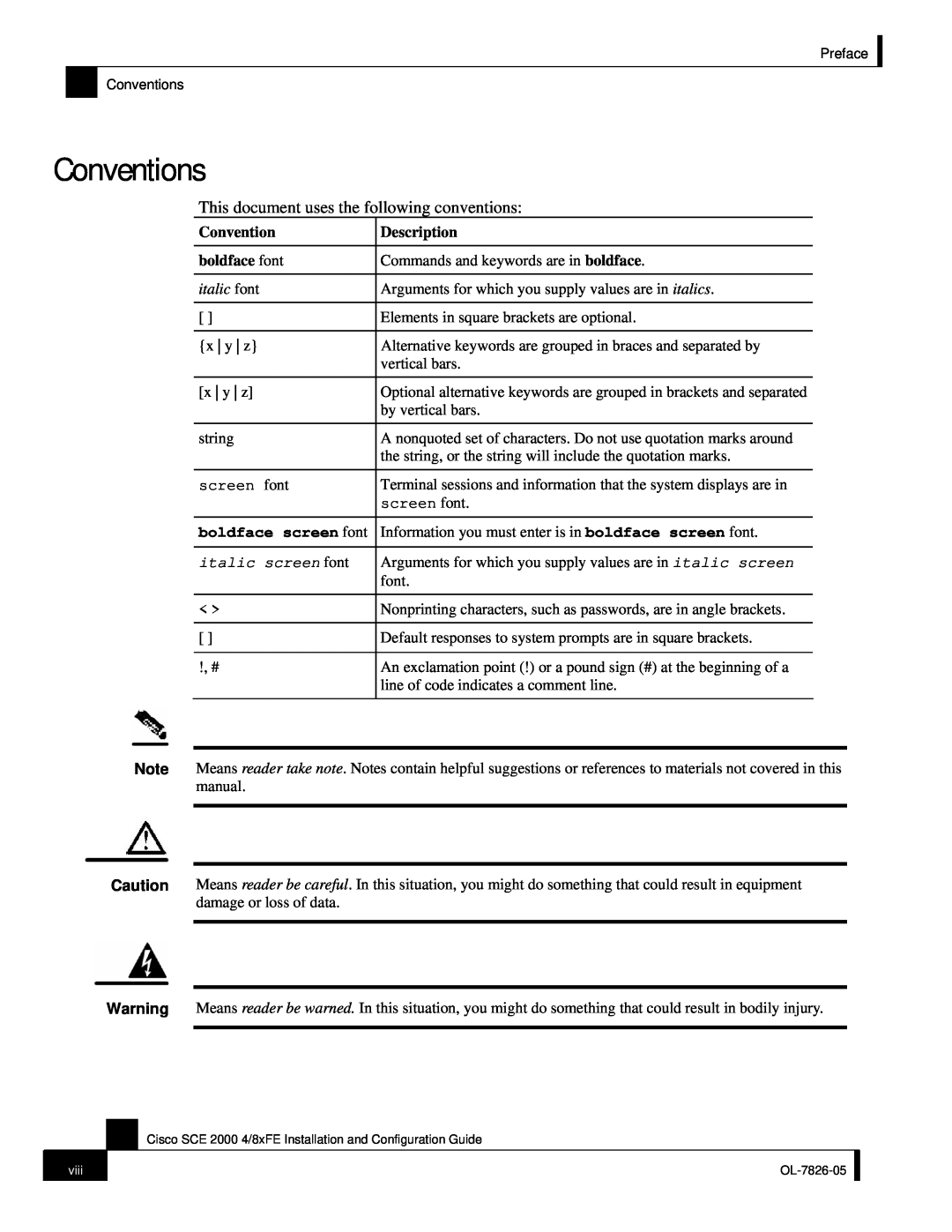 Cisco Systems SCE 2000 4/8xFE manual Conventions, This document uses the following conventions, italic screen font 