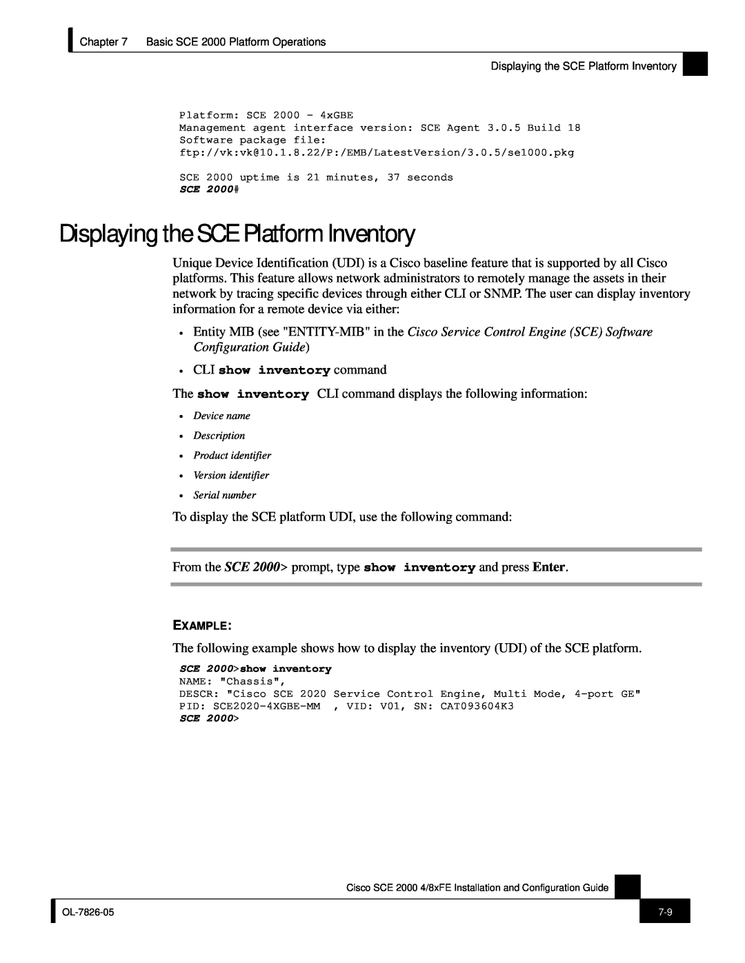 Cisco Systems SCE 2000 4/8xFE manual Displaying the SCE Platform Inventory, CLI show inventory command 