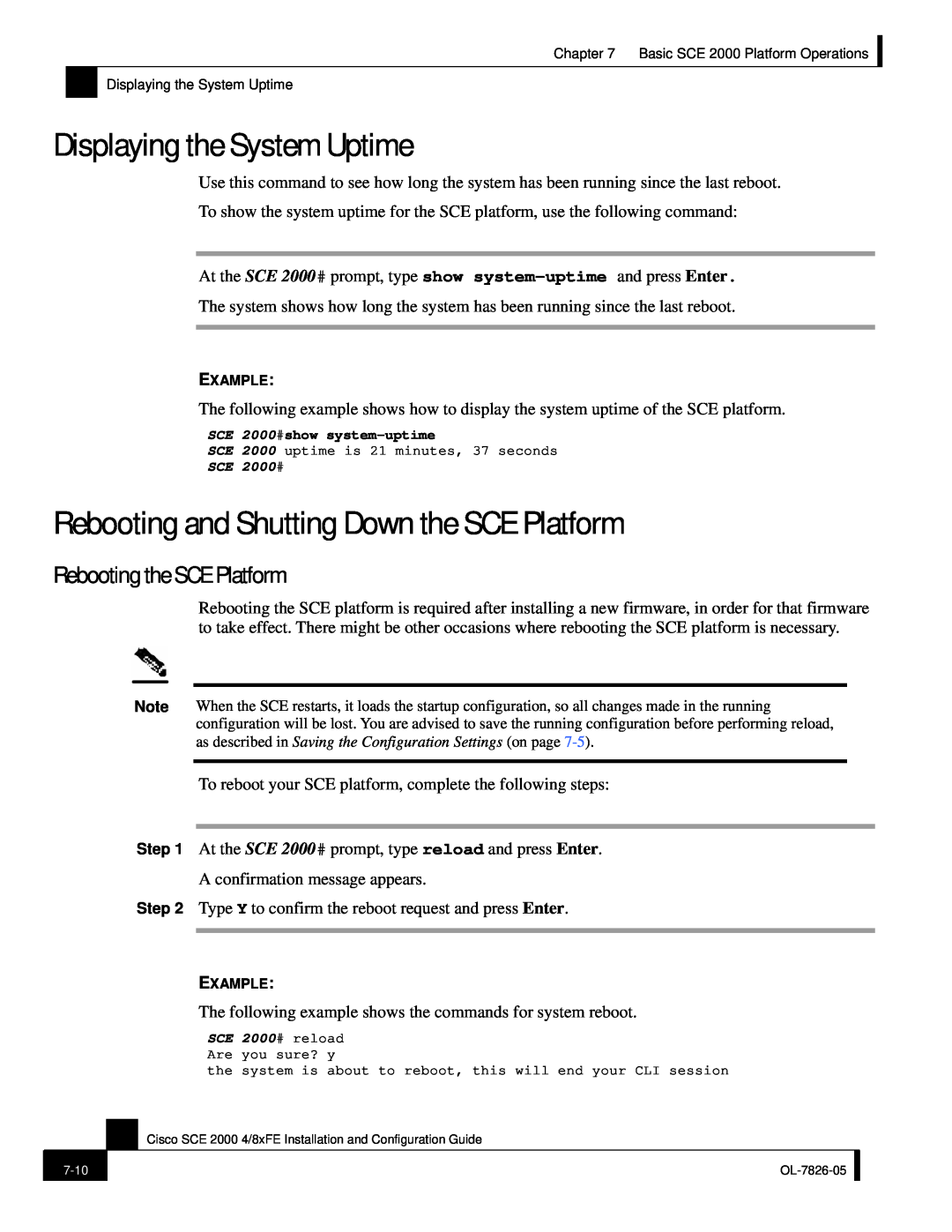 Cisco Systems SCE 2000 4/8xFE manual Displaying the System Uptime, Rebooting and Shutting Down the SCE Platform 