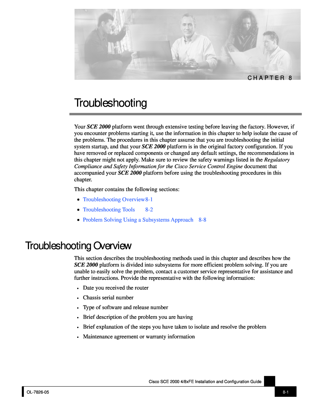 Cisco Systems SCE 2000 4/8xFE manual Troubleshooting Overview8-1, Troubleshooting Tools, C H A P T E R 