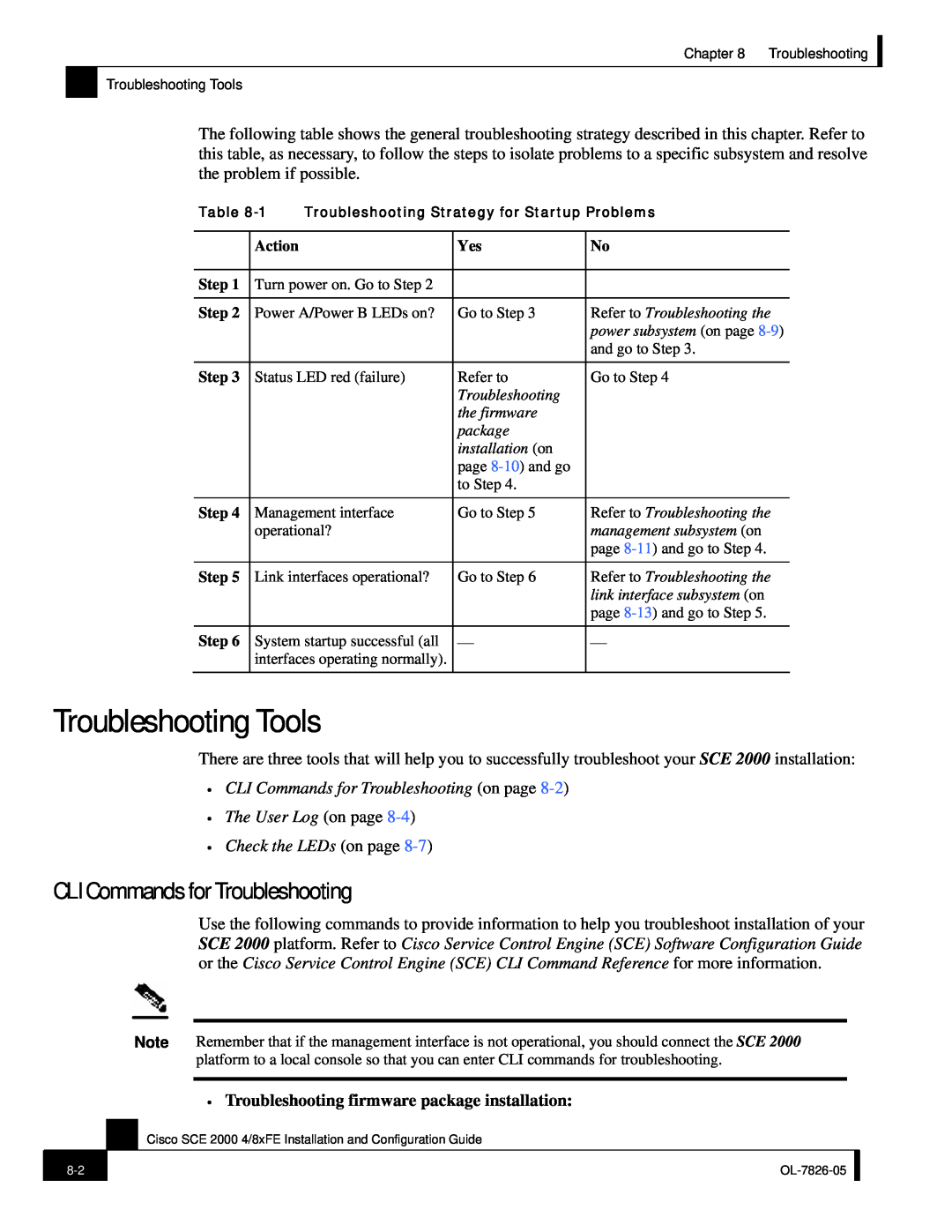 Cisco Systems SCE 2000 4/8xFE manual Troubleshooting Tools, CLI Commands for Troubleshooting, Check the LEDs on page 