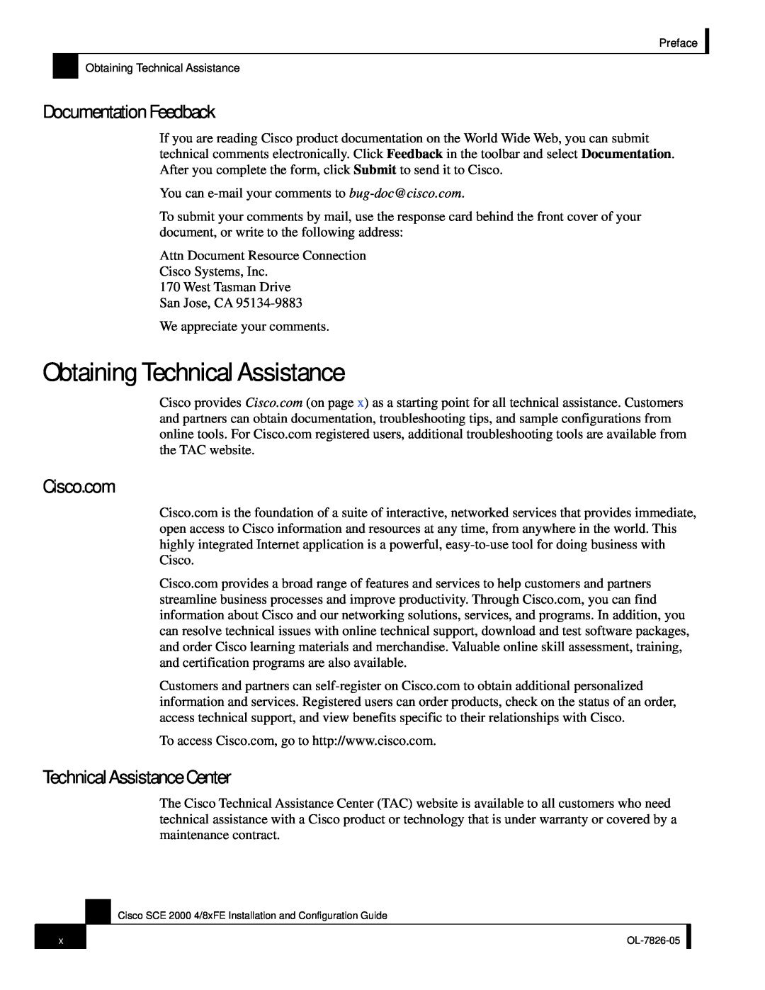 Cisco Systems SCE 2000 4/8xFE manual Obtaining Technical Assistance, Documentation Feedback, Cisco.com 