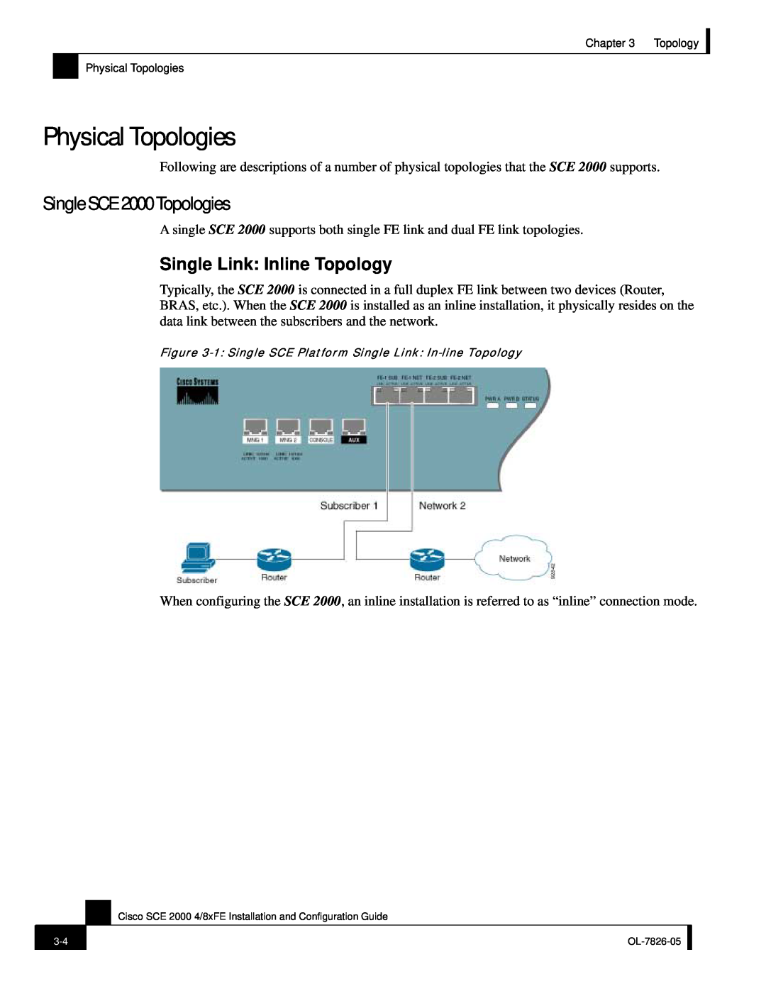 Cisco Systems SCE 2000 4/8xFE manual Physical Topologies, Single SCE 2000 Topologies, Single Link Inline Topology 