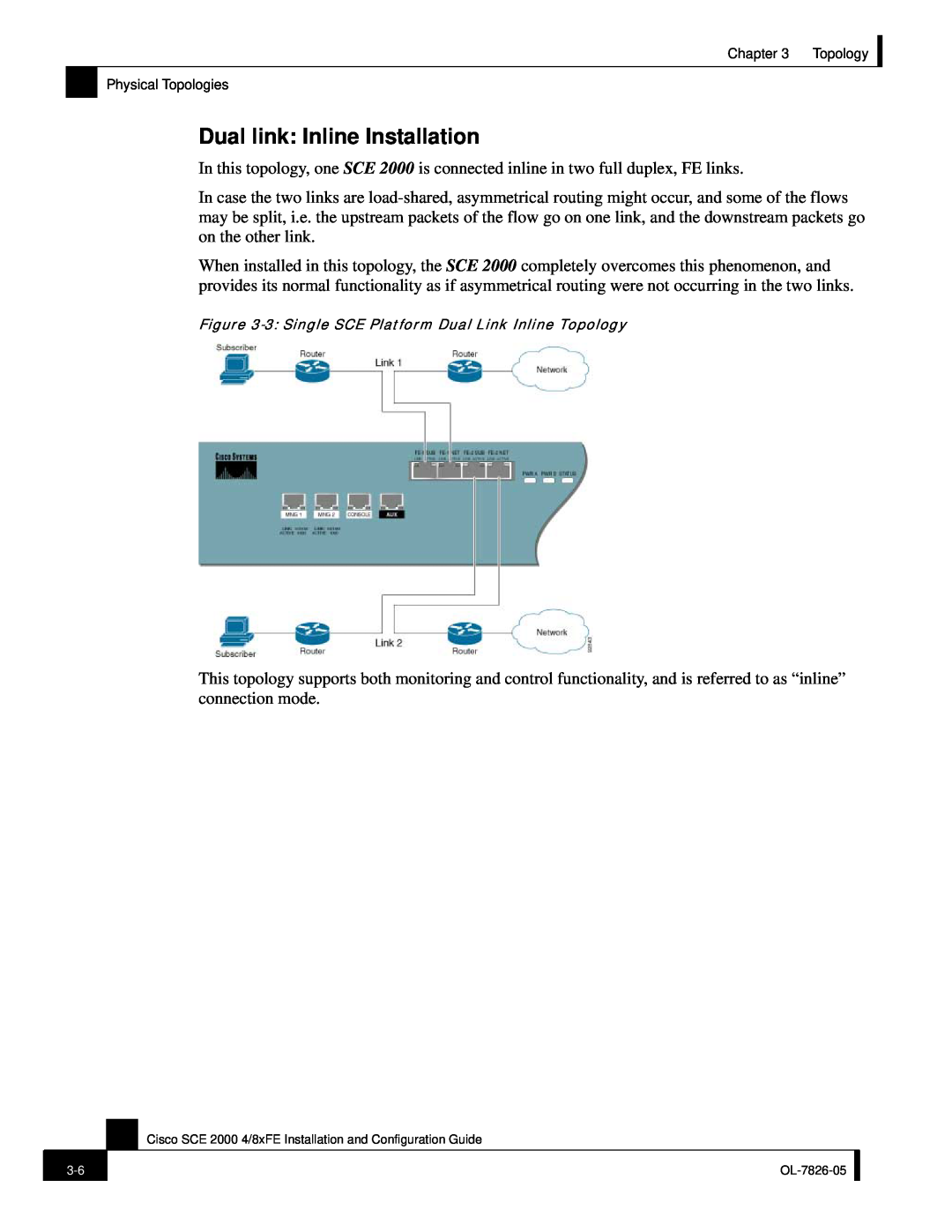 Cisco Systems SCE 2000 4/8xFE manual Dual link Inline Installation, 3 Single SCE Platform Dual Link Inline Topology 