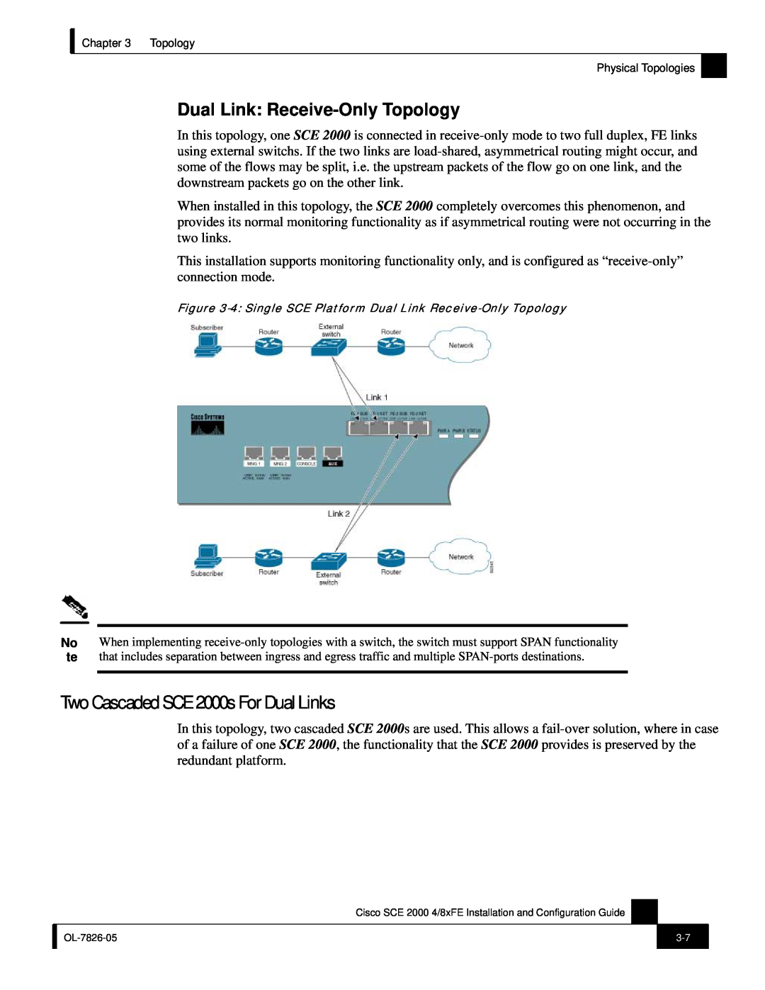 Cisco Systems SCE 2000 4/8xFE manual Two Cascaded SCE 2000s For Dual Links, Dual Link Receive-Only Topology 