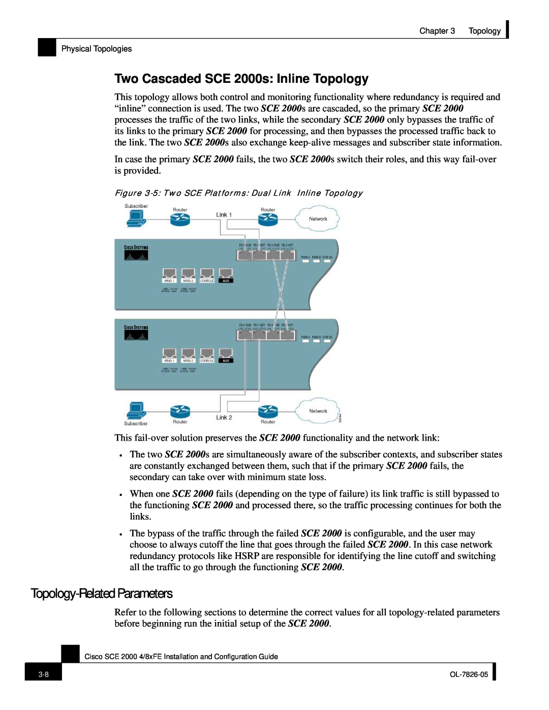 Cisco Systems SCE 2000 4/8xFE manual Topology-Related Parameters, Two Cascaded SCE 2000s Inline Topology 