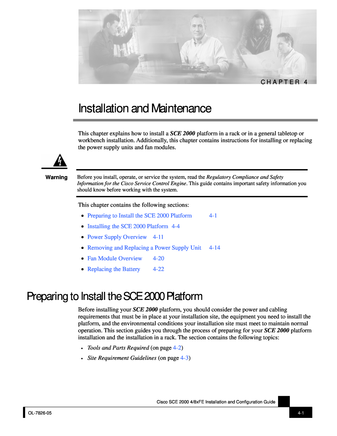 Cisco Systems SCE 2000 4/8xFE Installation and Maintenance, Preparing to Install the SCE 2000 Platform, 4-11, 4-14, 4-20 