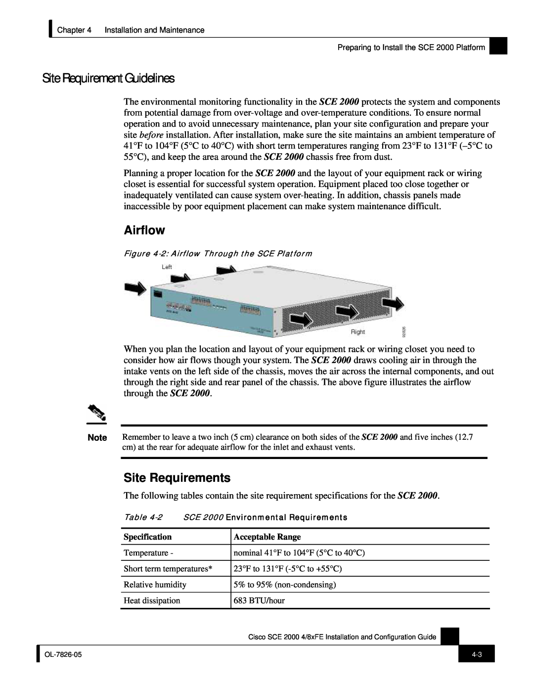 Cisco Systems SCE 2000 4/8xFE manual Site Requirement Guidelines, Airflow, Site Requirements 