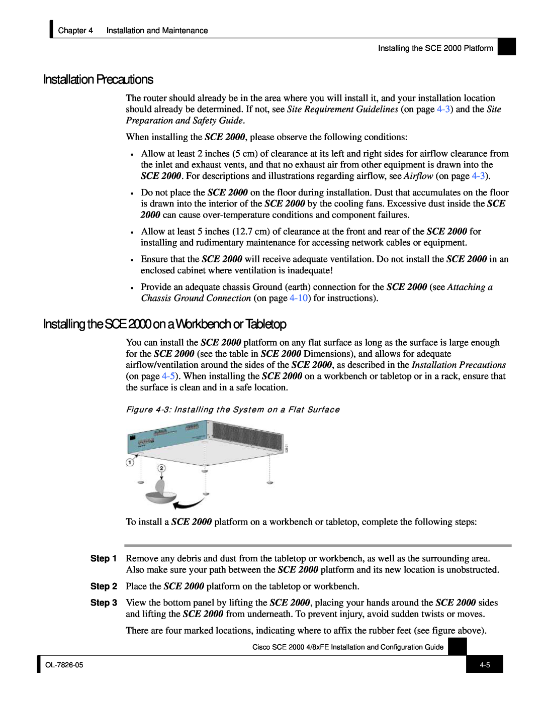 Cisco Systems SCE 2000 4/8xFE manual Installation Precautions, Installing the SCE 2000 on a Workbench or Tabletop 