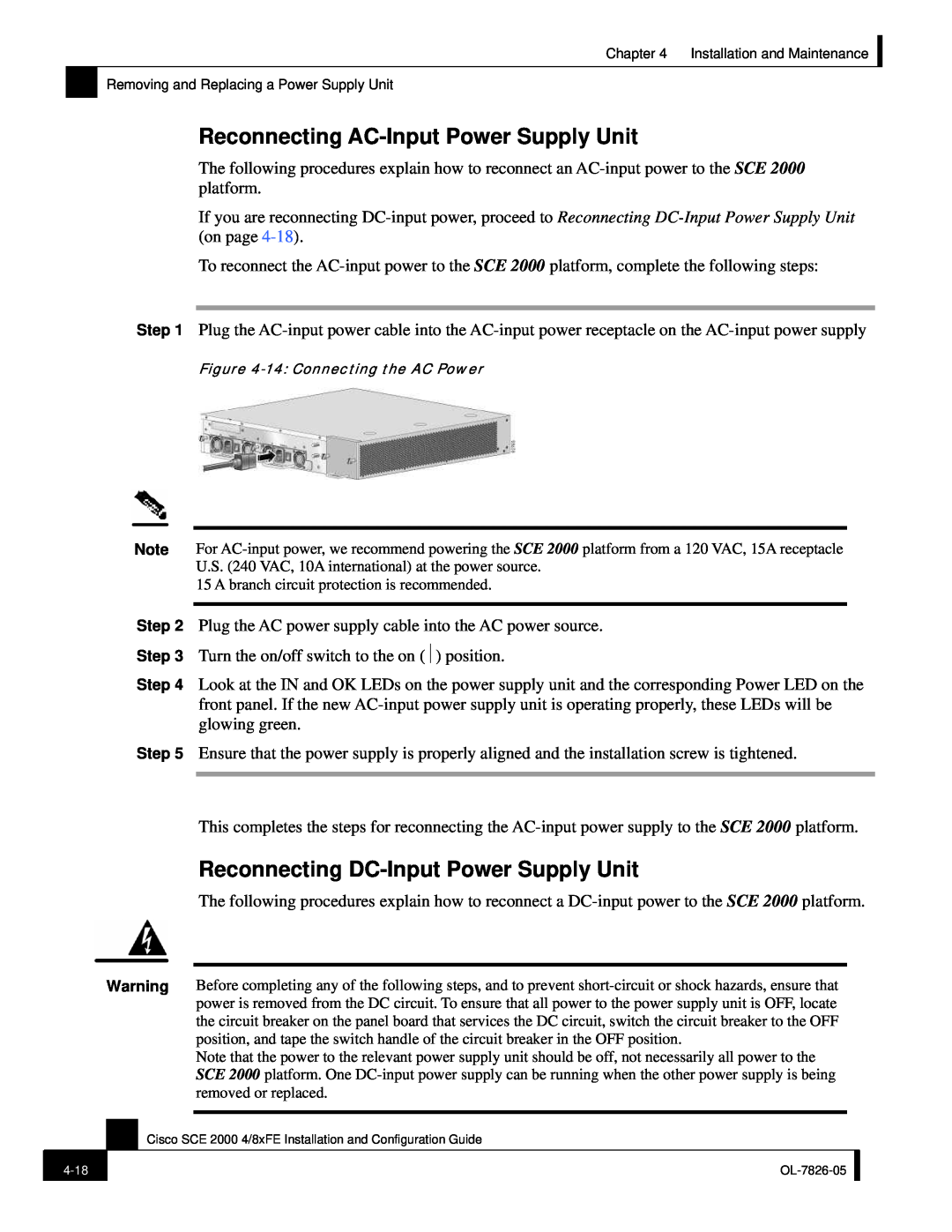 Cisco Systems SCE 2000 4/8xFE manual Reconnecting AC-Input Power Supply Unit, Reconnecting DC-Input Power Supply Unit 