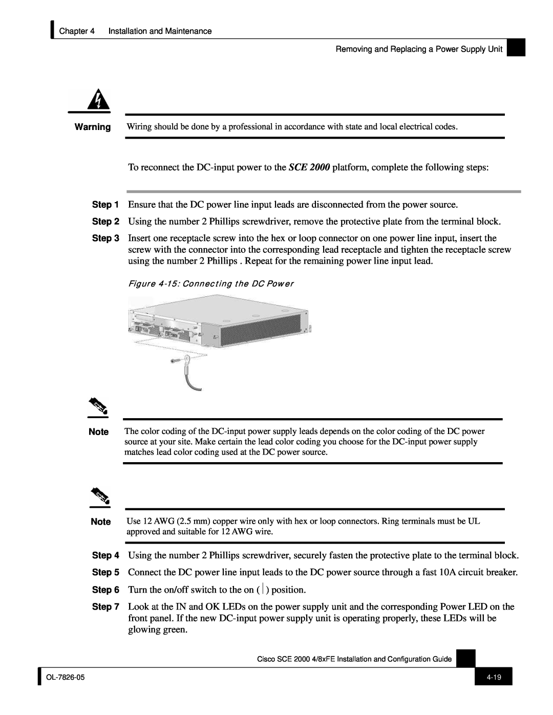 Cisco Systems SCE 2000 4/8xFE manual 15 Connecting the DC Power 