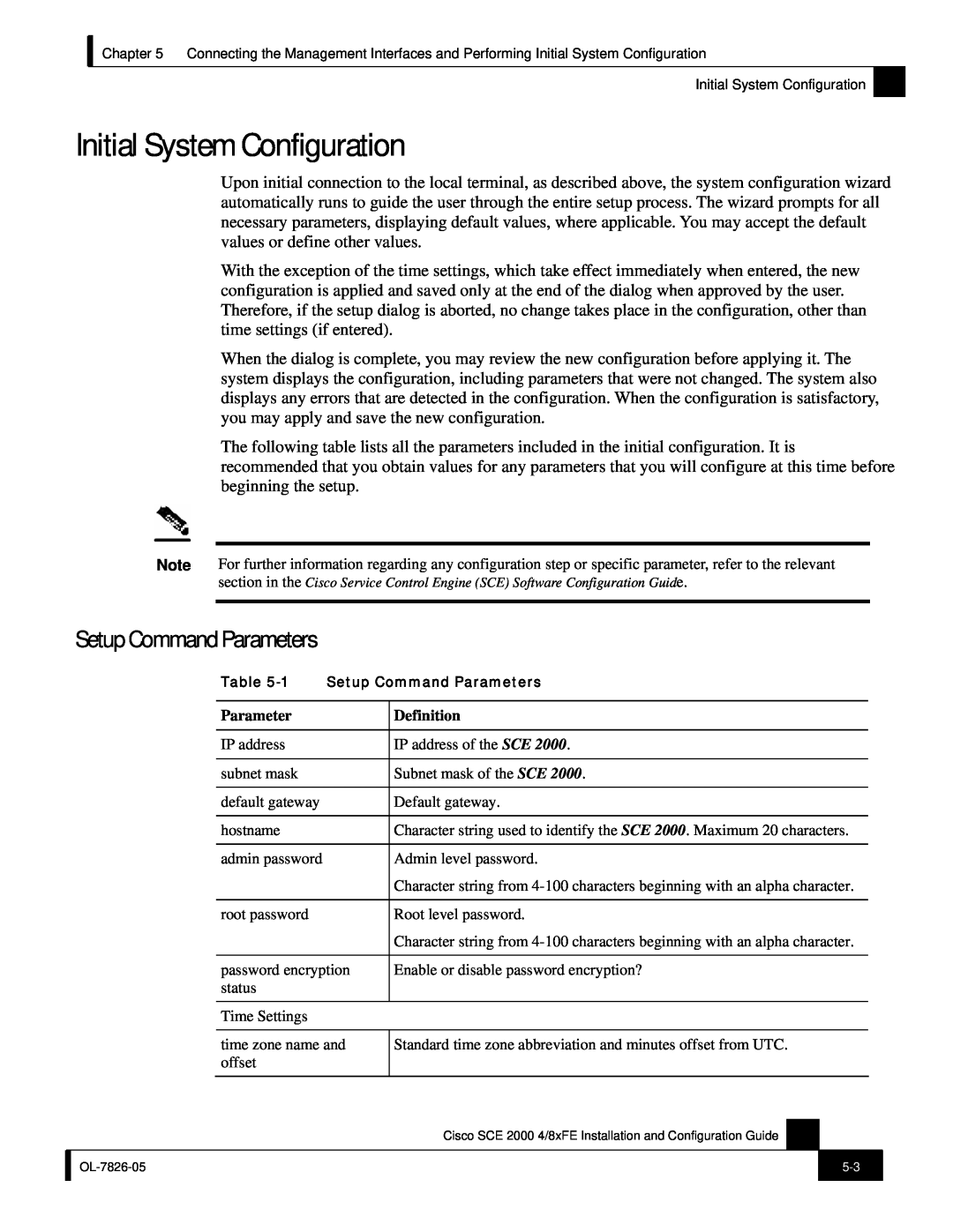 Cisco Systems SCE 2000 4/8xFE manual Initial System Configuration, Setup Command Parameters 