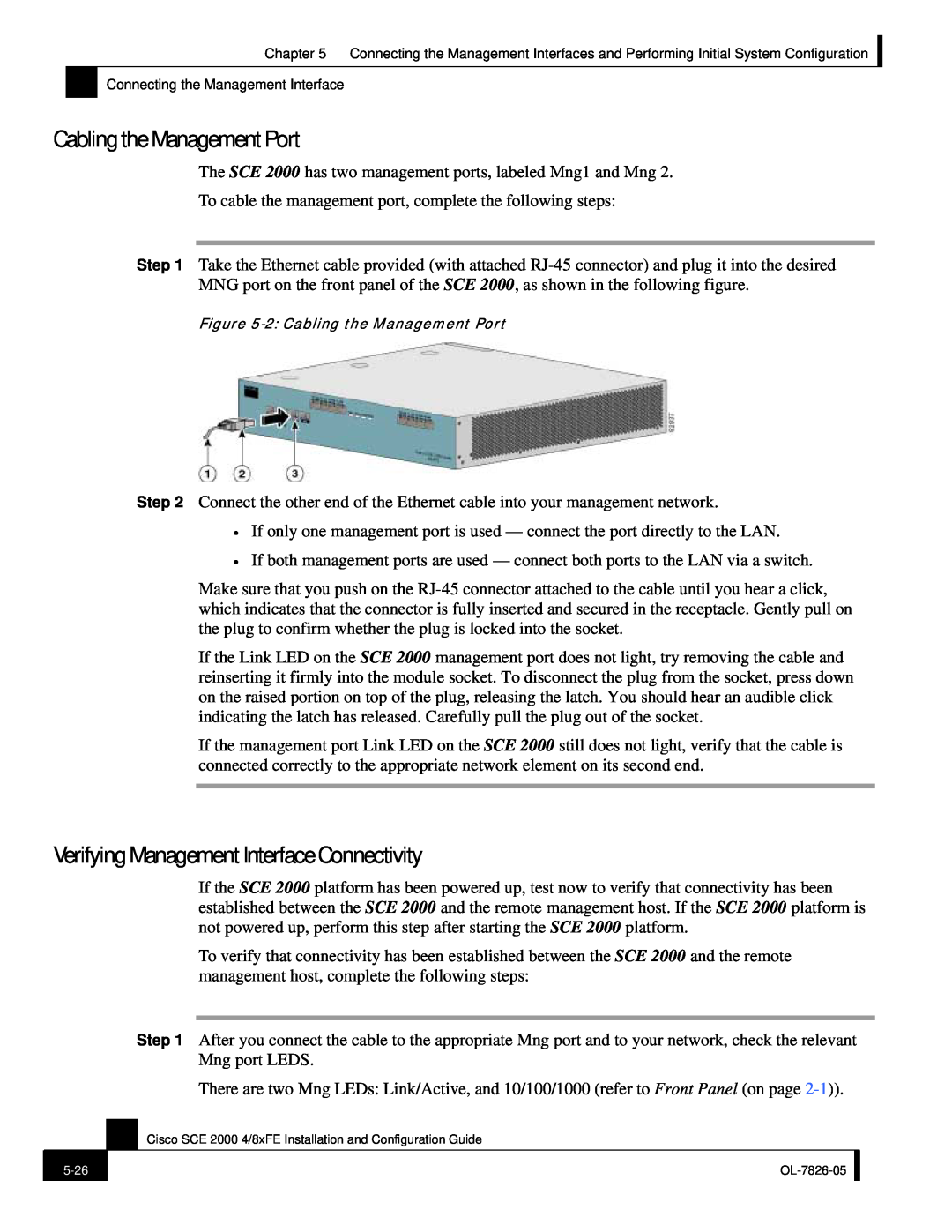 Cisco Systems SCE 2000 4/8xFE manual Cabling the Management Port, Verifying Management Interface Connectivity 