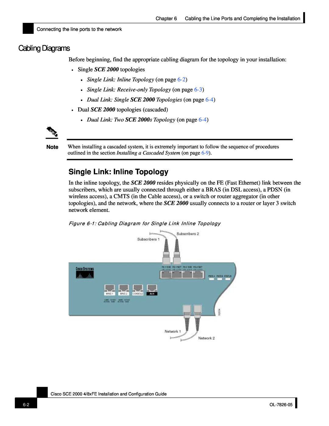 Cisco Systems SCE 2000 4/8xFE manual Cabling Diagrams, Single Link Inline Topology on page 