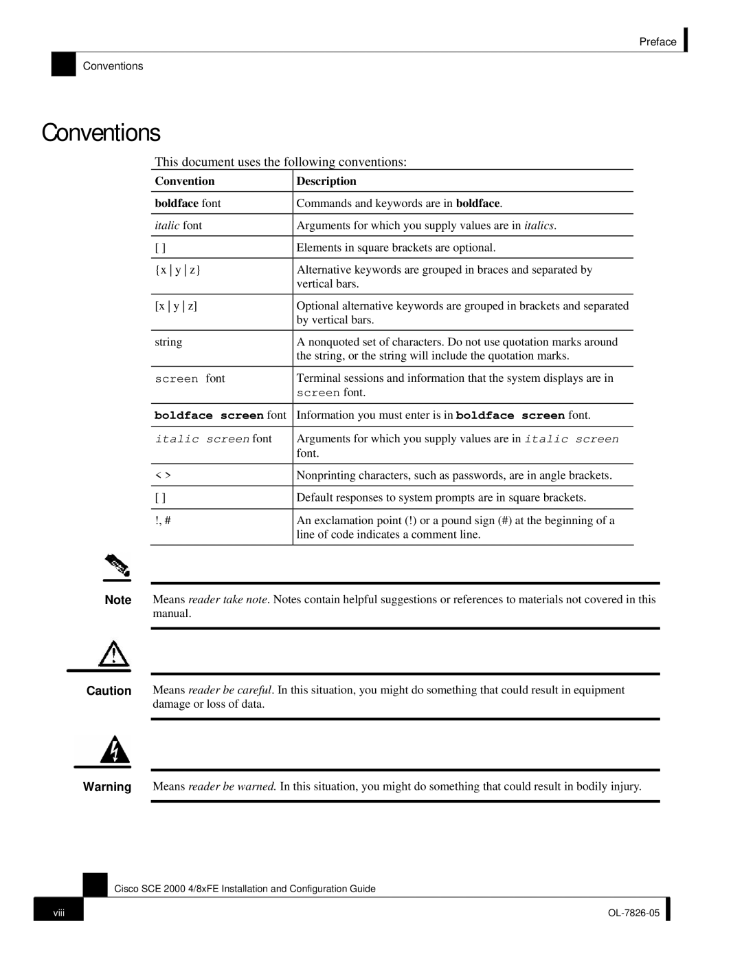 Cisco Systems SCE 2000 4/8xFE manual Conventions, Convention Description Boldface font 