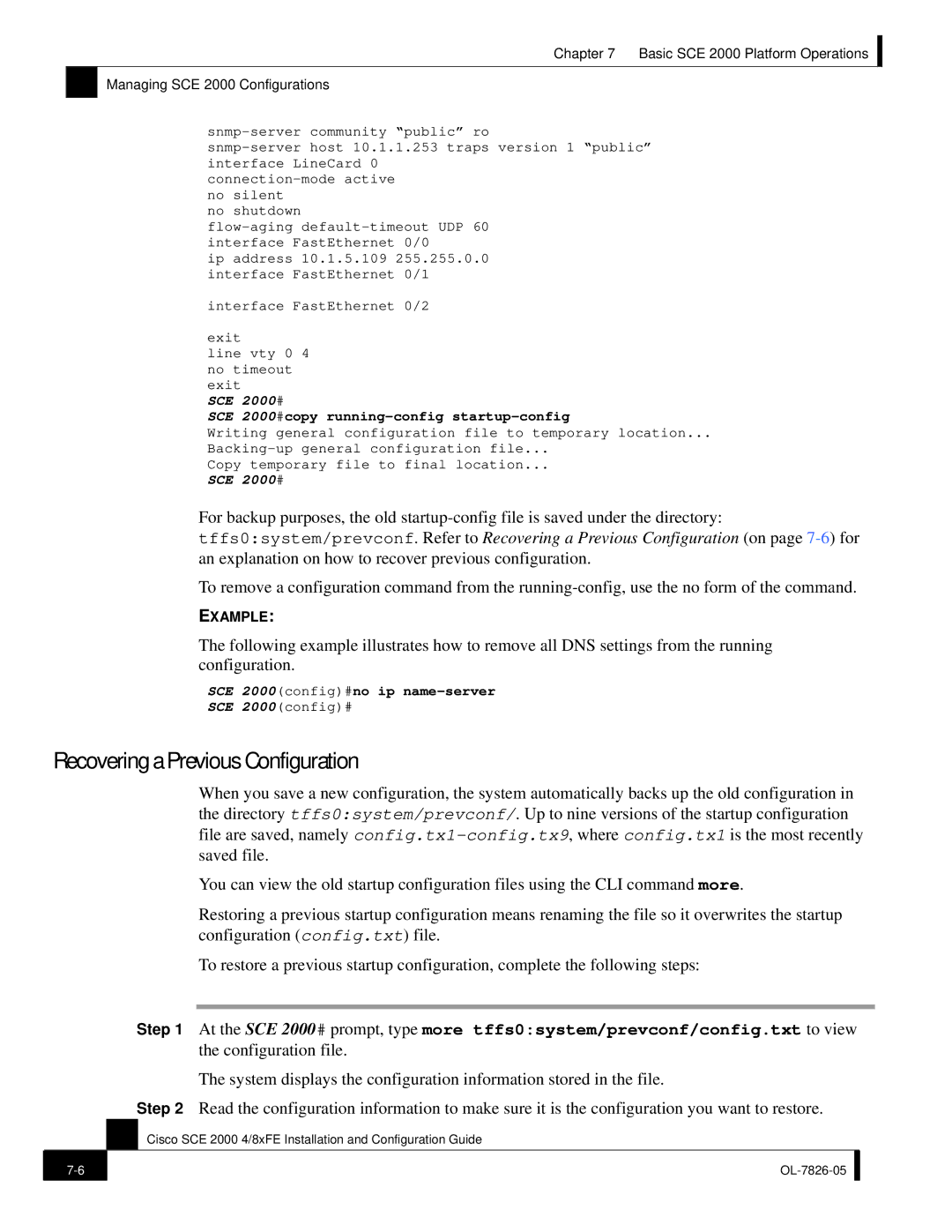 Cisco Systems SCE 2000 4/8xFE manual Recovering a Previous Configuration, SCE 2000#copy running-config startup-config 