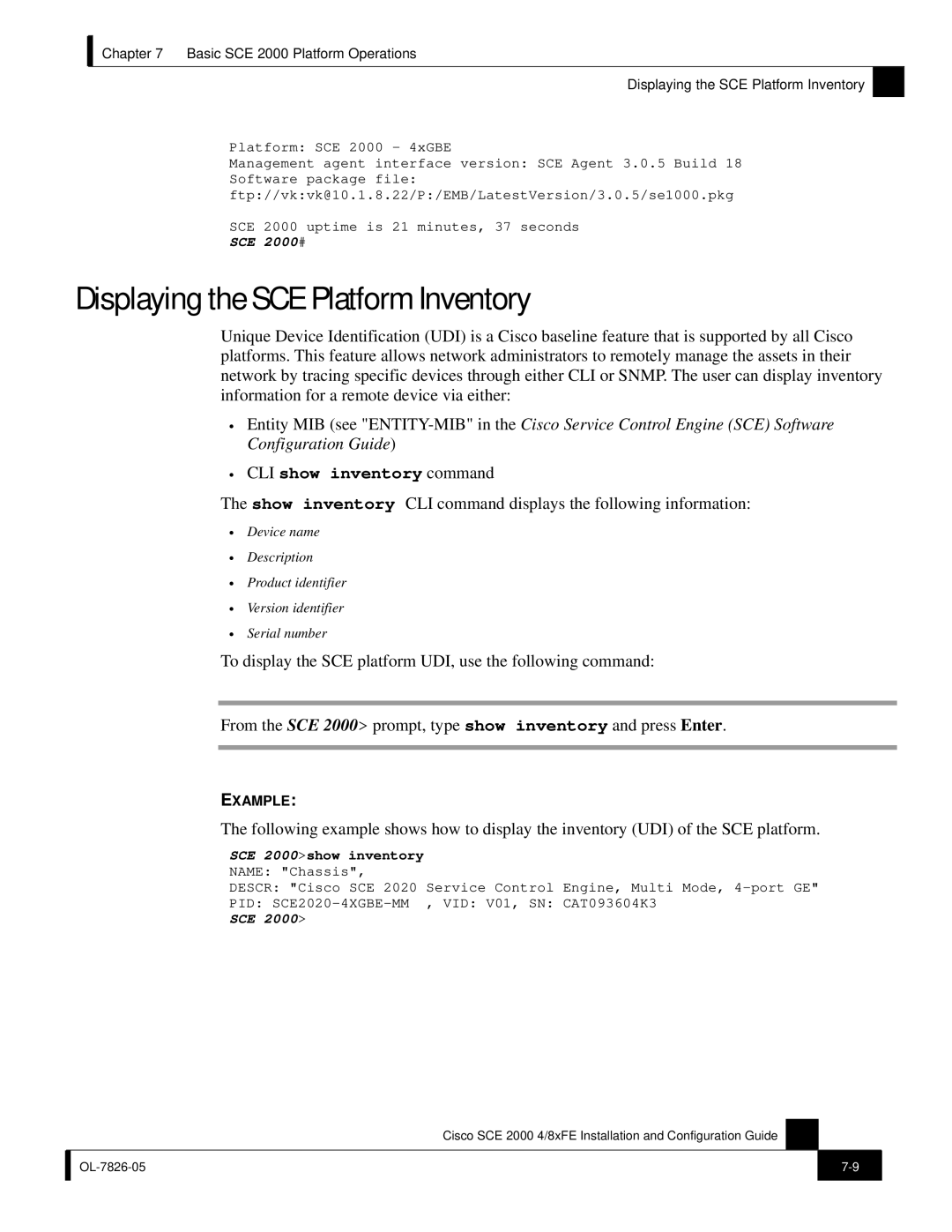 Cisco Systems SCE 2000 4/8xFE manual Displaying the SCE Platform Inventory, CLI show inventory command 