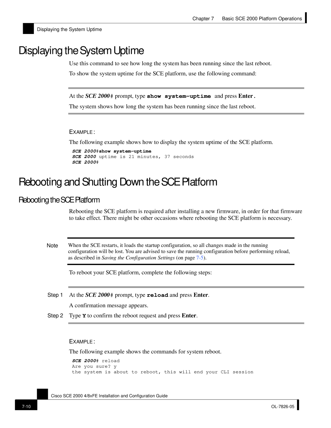 Cisco Systems SCE 2000 4/8xFE manual Displaying the System Uptime, Rebooting and Shutting Down the SCE Platform 