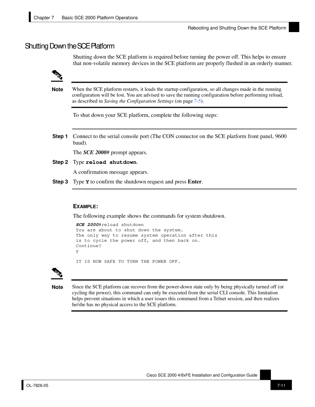 Cisco Systems SCE 2000 4/8xFE Shutting Down the SCE Platform, Following example shows the commands for system shutdown 