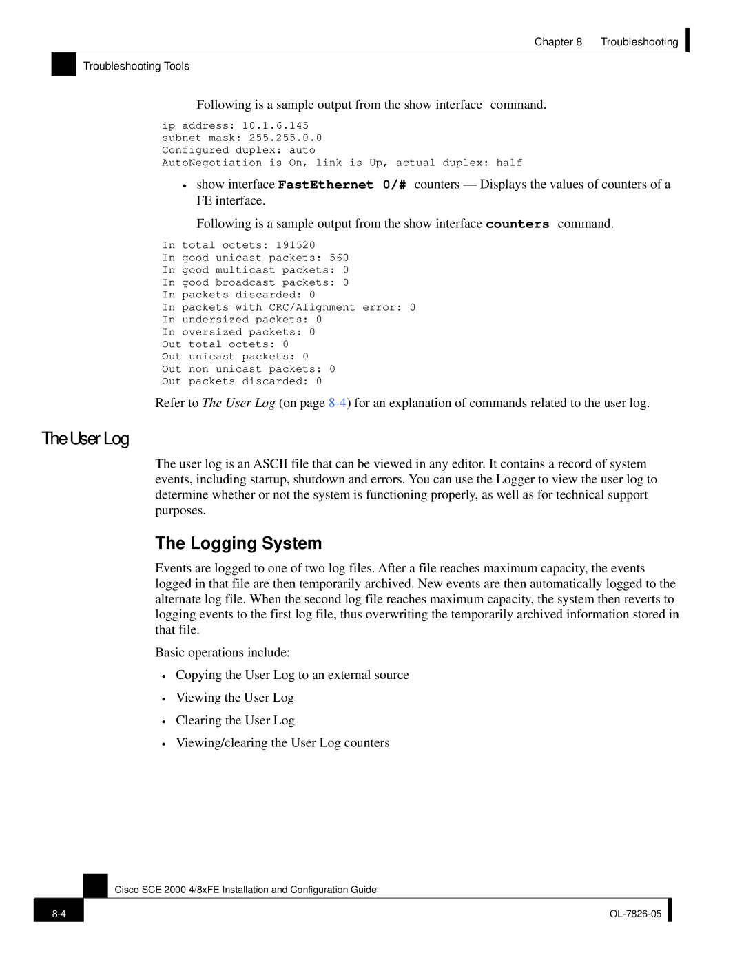 Cisco Systems SCE 2000 4/8xFE manual User Log, Logging System 