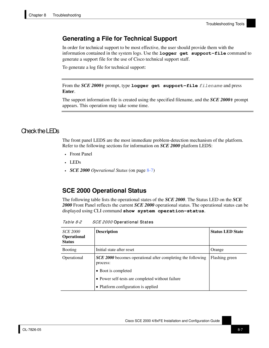 Cisco Systems SCE 2000 4/8xFE manual Check the LEDs, Generating a File for Technical Support, SCE 2000 Operational Status 