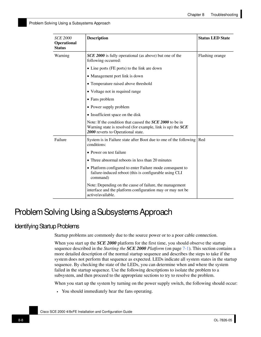 Cisco Systems SCE 2000 4/8xFE manual Problem Solving Using a Subsystems Approach, Identifying Startup Problems 