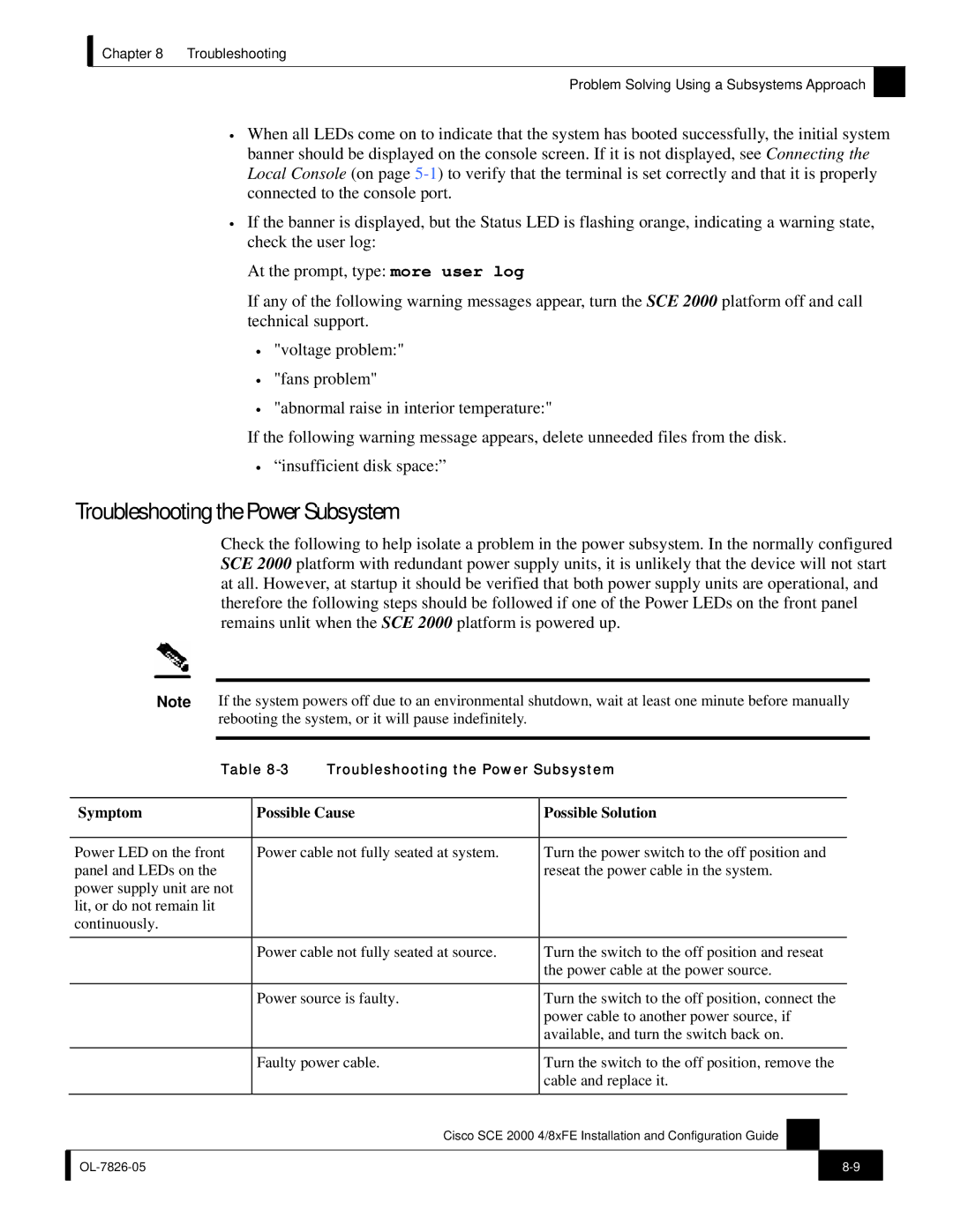 Cisco Systems SCE 2000 4/8xFE manual Troubleshooting the Power Subsystem, Symptom Possible Cause Possible Solution 