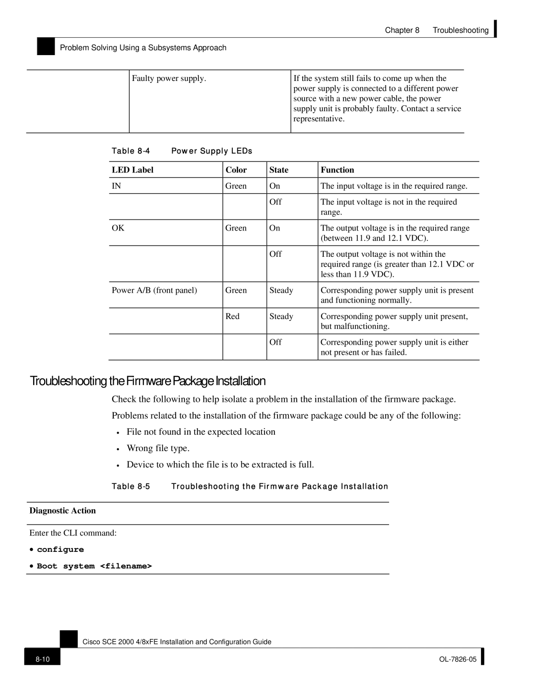 Cisco Systems SCE 2000 4/8xFE manual Troubleshooting the Firmware Package Installation, LED Label Color State Function 