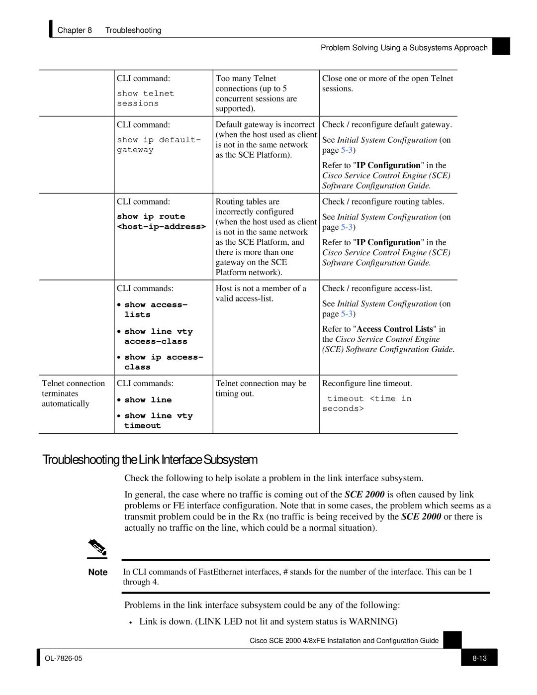 Cisco Systems SCE 2000 4/8xFE manual Troubleshooting the Link Interface Subsystem, Host-ip-address 