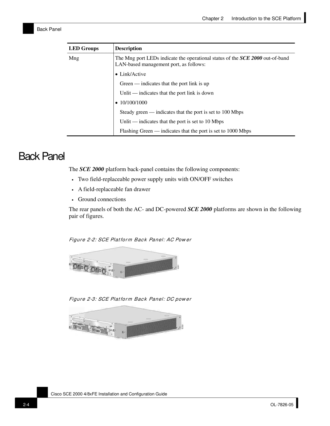 Cisco Systems SCE 2000 4/8xFE manual Back Panel, LED Groups Description 