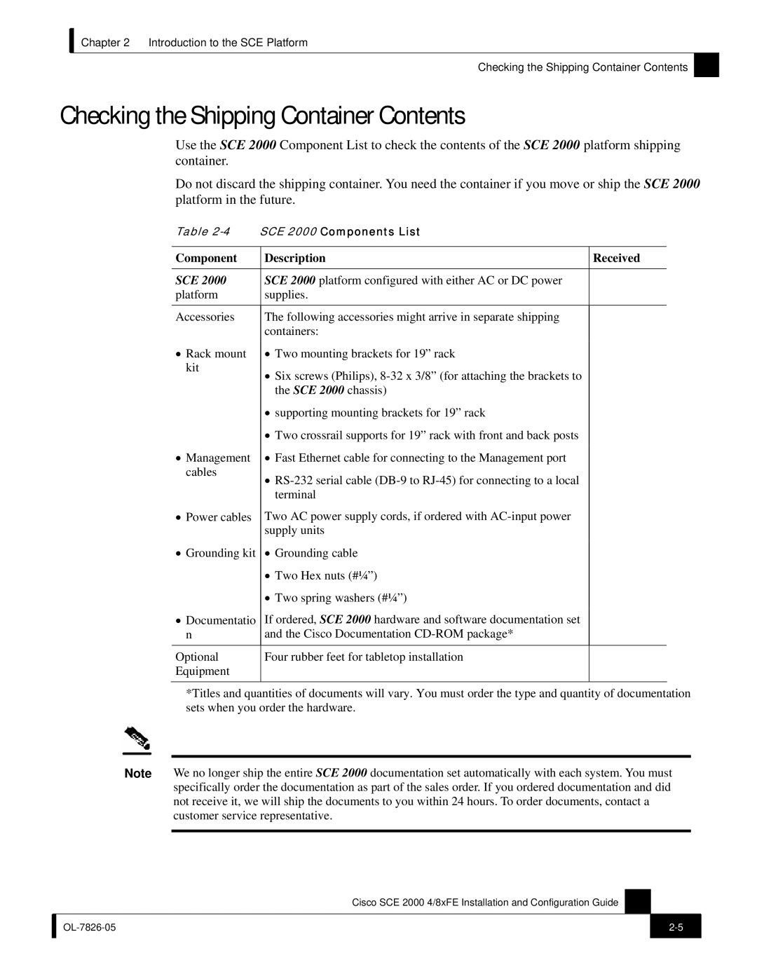 Cisco Systems SCE 2000 4/8xFE manual Checking the Shipping Container Contents 